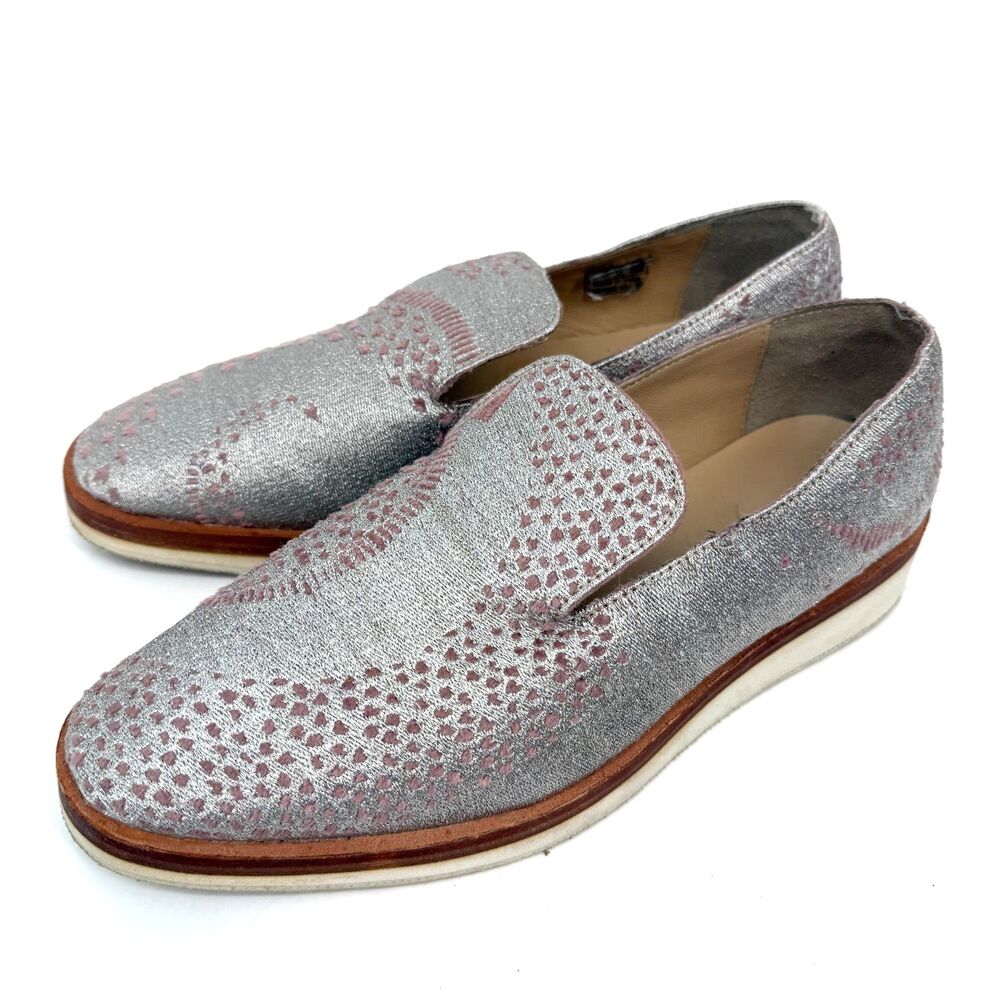 Free People Metallic Knit Loafers Silver Pink Embroidered Shoes Size 40 US 9.5